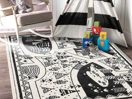 Piccolo Black and White Kids Camping Adventure Kids Rug