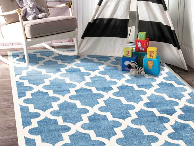 Piccolo Blue and White Lattice Pattern Kids Rug