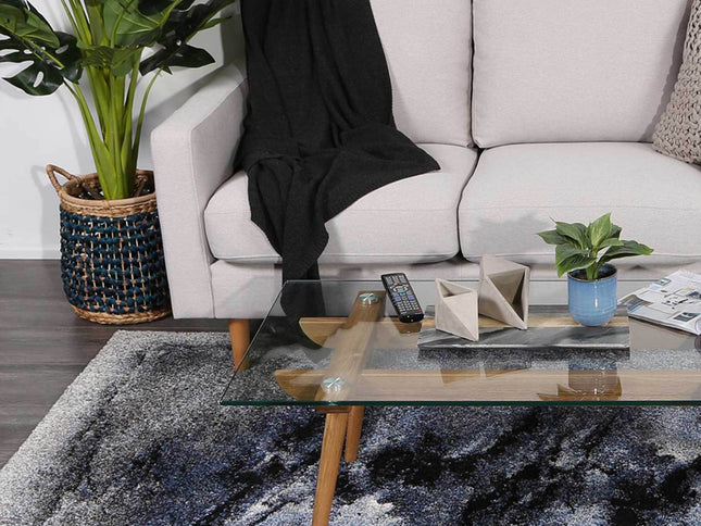 Chelsea Blue and Grey Abstract Bordered Modern Rug