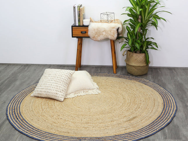 Capri Navy Blue Natural Round Boarder Rug