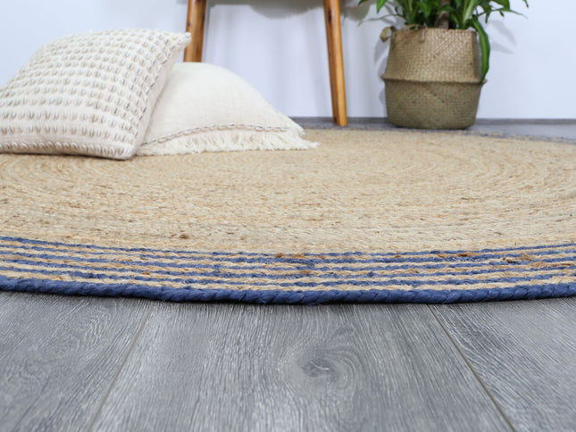 Capri Navy Blue Natural Round Boarder Rug