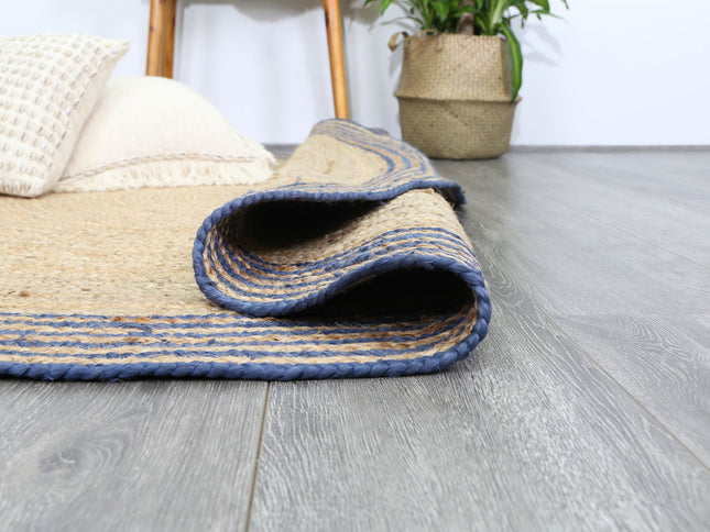Capri Navy Blue Natural Round Boarder Rug