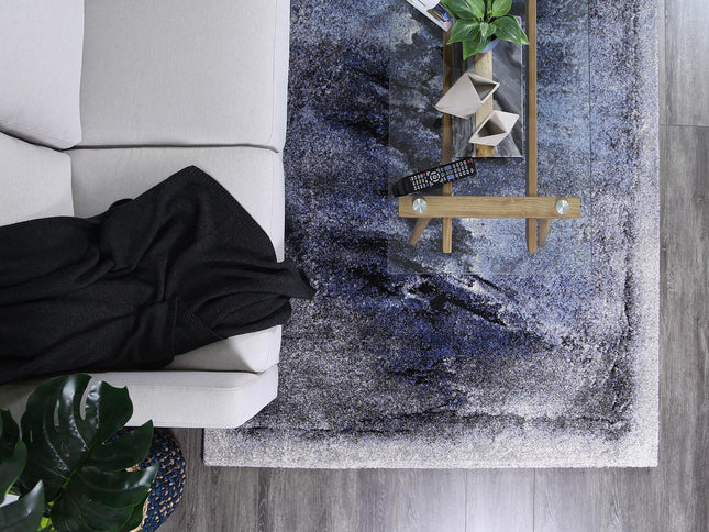 Chelsea Blue and Grey Abstract Bordered Modern Rug