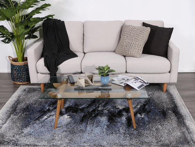 Chelsea Blue and Grey Abstract Bordered Modern Rug