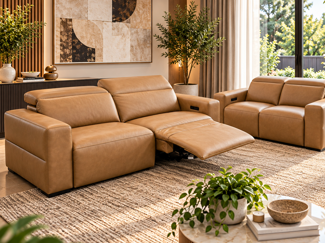 Komo 2.5+2 Seater Electric Recliner Leather Lounge - Tan