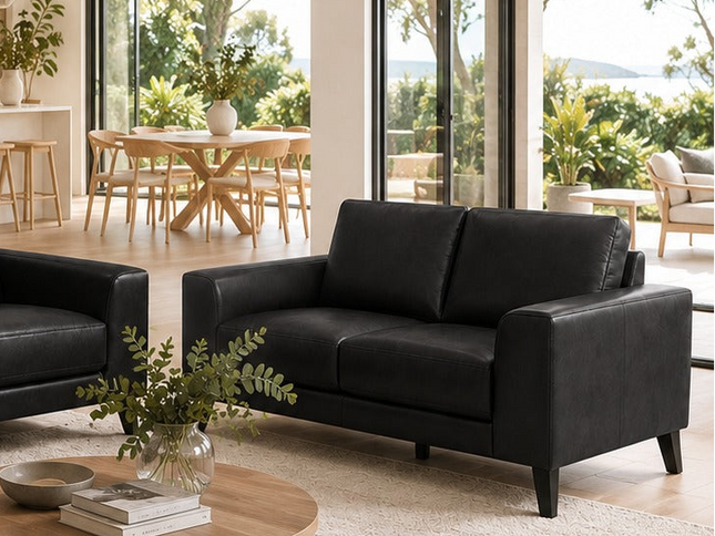 Duffy 2 Seater Leather Sofa - Black