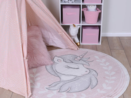 Happy Feet Unique Unicorn Pink Kids Round Rug