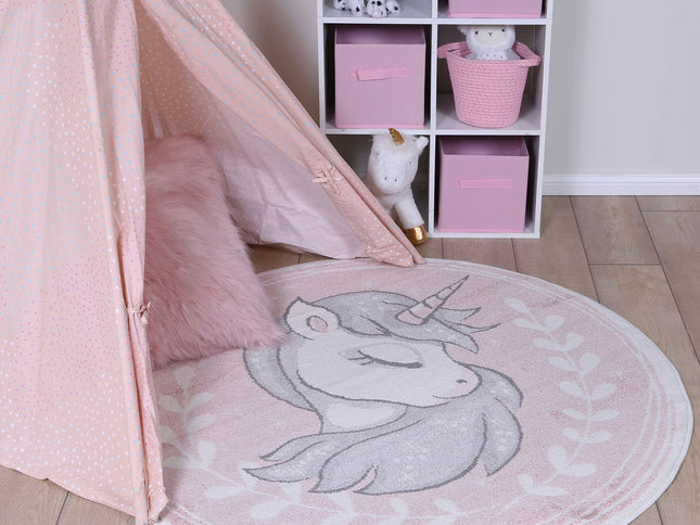 Happy Feet Unique Unicorn Pink Kids Round Rug