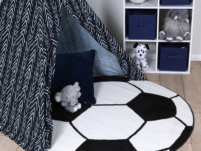Happy Feet Soccer Ball Black and White Kids Rug