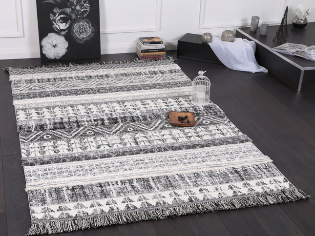 Kaza Tribal Lines Cream Anthracite Rug