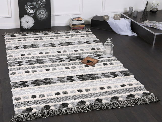 Kaza Tribal Carved Cream Anthracite Rug