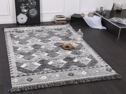 Kaza Tribal Carved Lines Cream Anthracite Rug