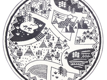 Piccolo Black and White Kids Camping Adventure Kids Round Rug