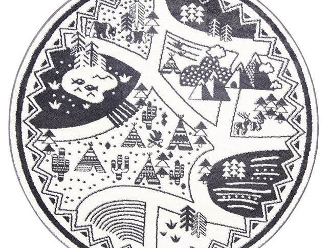 Piccolo Black and White Kids Camping Adventure Kids Round Rug