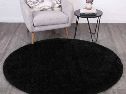 Puffy Soft Shag Round Rug Black