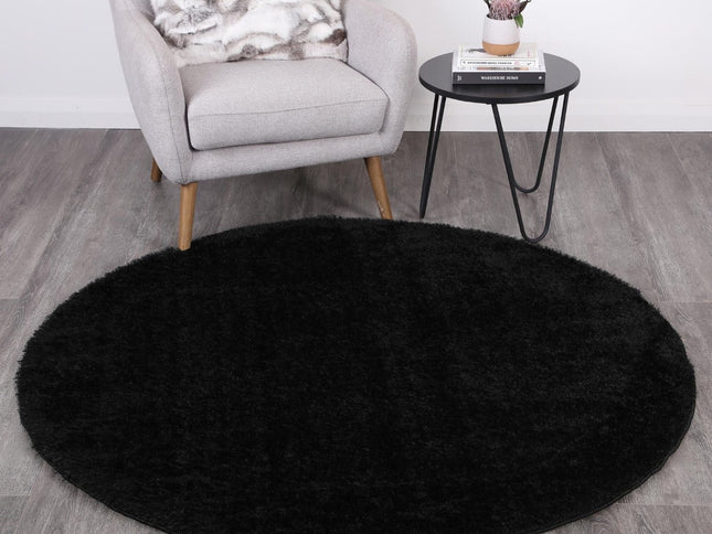 Puffy Soft Shag Round Rug Black