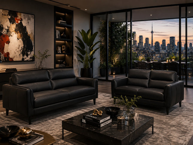 Pearce 2 Seater Leather Lounge - Black
