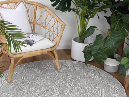 Vanuatu Nori Grey Tribal Round Flatweave Rug