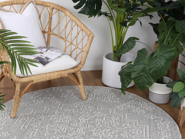 Vanuatu Nori Grey Tribal Round Flatweave Rug