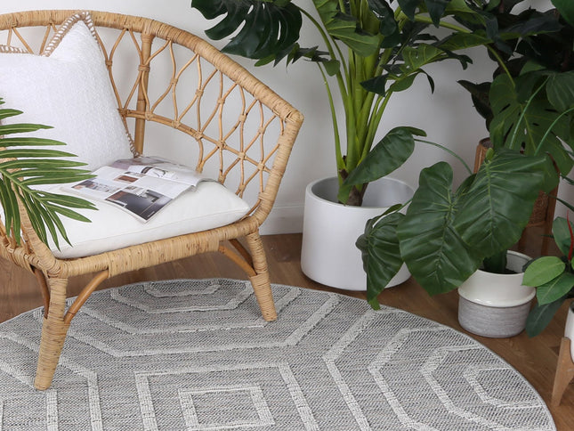 Vanuatu Devesi Grey Geometric Round Flatweave Rug