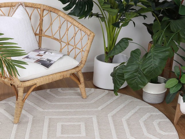 Vanuatu Lui Beige Geometric Round Flatweave Rug