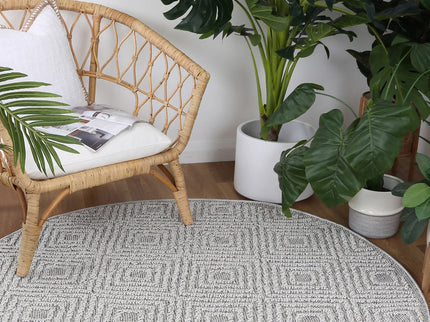 Vanuatu Fugui Grey Geometric Round Flatweave Rug