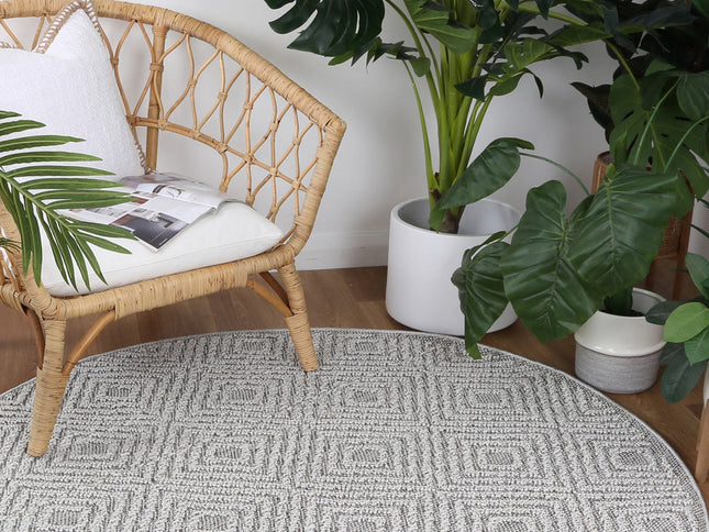 Vanuatu Fugui Grey Geometric Round Flatweave Rug