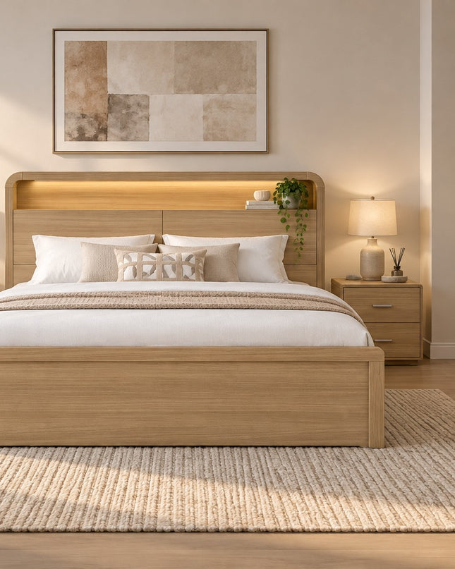 Camden Queen Bed With Gas Lift Storage  - Prime Oak