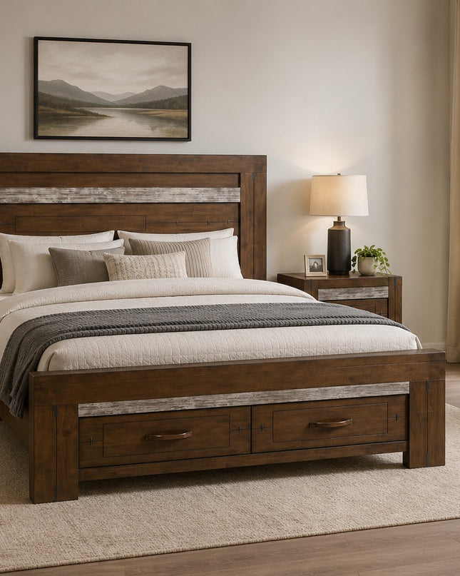 Kentucky 4 Piece King Bedroom Suite in Charcoal Grey solid Malaysian hardwood featuring a king bed with two storage drawers, two matching bedside tables, a 5 drawer tallboy, rustic contemporary styling, and industrial metal detailing.