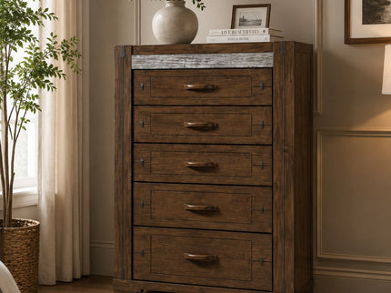 Kentucky 5 Drawer Tallboy in Charcoal Grey solid Malaysian hardwood featuring rustic contemporary styling, weathered grey timber accents, industrial metal detailing, and five spacious storage drawers.