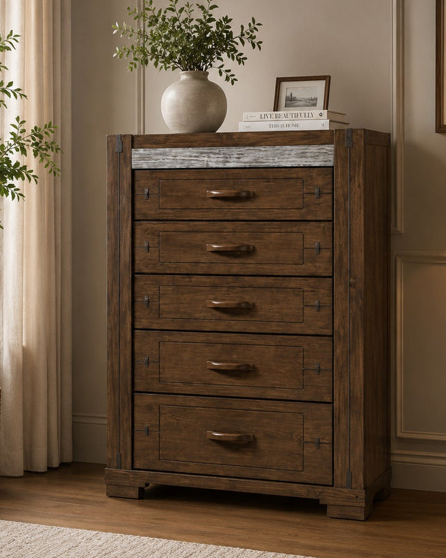 Kentucky 5 Drawer Tallboy in Charcoal Grey solid Malaysian hardwood featuring rustic contemporary styling, weathered grey timber accents, industrial metal detailing, and five spacious storage drawers.