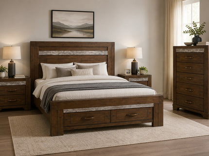 Kentucky 4 Piece Queen Bedroom Suite in Charcoal Grey solid Malaysian hardwood featuring a king bed with two storage drawers, two matching bedside tables, a 5 drawer tallboy, rustic contemporary styling, and industrial metal detailing.