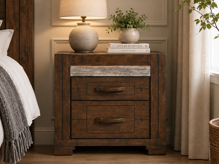 Kentucky 2 Drawer Bedside Table in Charcoal Grey solid Malaysian hardwood featuring rustic contemporary styling, weathered grey timber accents, industrial metal detailing, and spacious storage drawers.