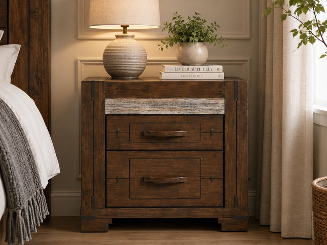 Kentucky 2 Drawer Bedside Table in Charcoal Grey solid Malaysian hardwood featuring rustic contemporary styling, weathered grey timber accents, industrial metal detailing, and spacious storage drawers.
