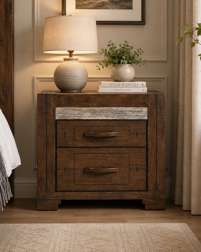 Kentucky 2 Drawer Bedside Table in Charcoal Grey solid Malaysian hardwood featuring rustic contemporary styling, weathered grey timber accents, industrial metal detailing, and spacious storage drawers.