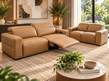 Komo 2.5+2 Seater Electric Recliner Leather Lounge - Tan