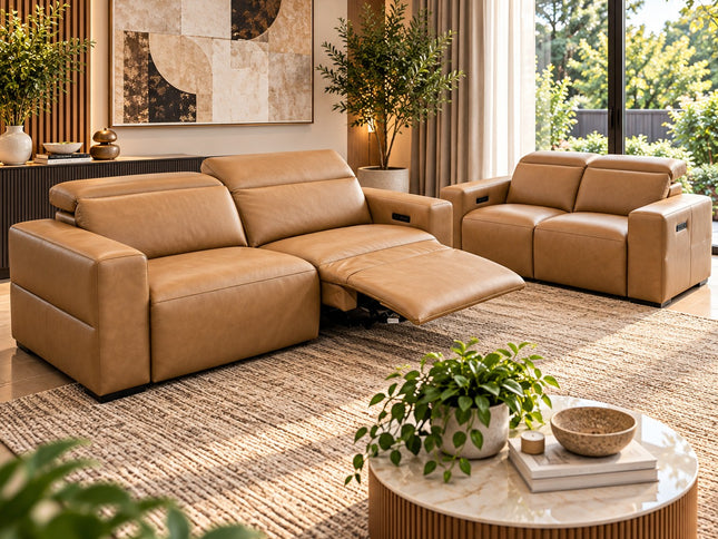 Komo 2.5+2 Seater Electric Recliner Leather Lounge - Tan