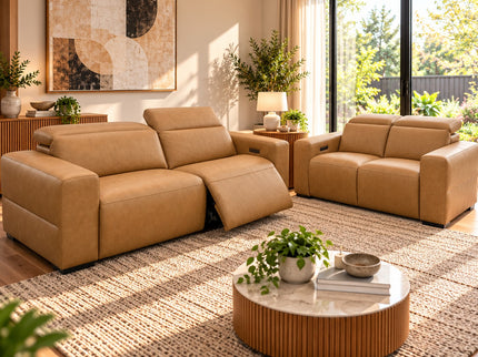 Komo 2.5+2 Seater Electric Recliner Leather Lounge - Tan