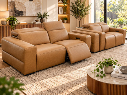 Komo 2.5+2 Seater Electric Recliner Leather Lounge - Tan