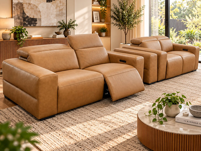 Komo 2.5+2 Seater Electric Recliner Leather Lounge - Tan