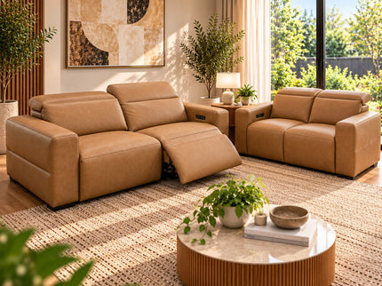 Komo 2.5+2 Seater Electric Recliner Leather Lounge - Tan