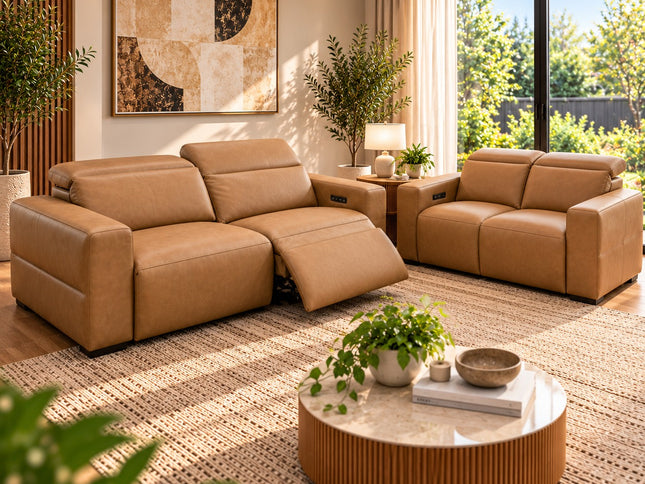 Komo 2.5+2 Seater Electric Recliner Leather Lounge - Tan