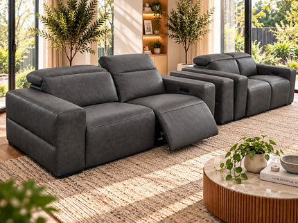 Komo 2.5+2 Seater Electric Recliner Leather Lounge - Charcoal