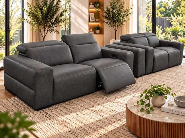 Komo 2.5+2 Seater Electric Recliner Leather Lounge - Charcoal