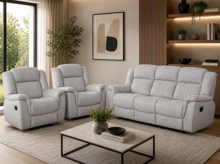 Liberty 3+1+1 Manual Recliner Lounge Suite in Light Grey Friday Fabric featuring a three-seater manual recliner sofa, two matching recliner armchairs, plush pillow-top armrests, channel-stitched backrests, and contemporary styling.