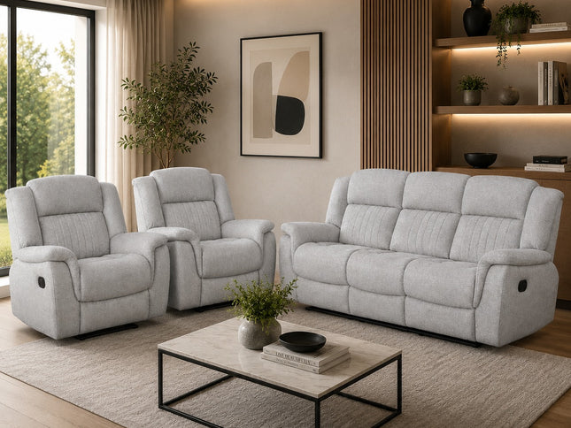 Liberty 3+1+1 Manual Recliner Lounge Suite in Light Grey Friday Fabric featuring a three-seater manual recliner sofa, two matching recliner armchairs, plush pillow-top armrests, channel-stitched backrests, and contemporary styling.