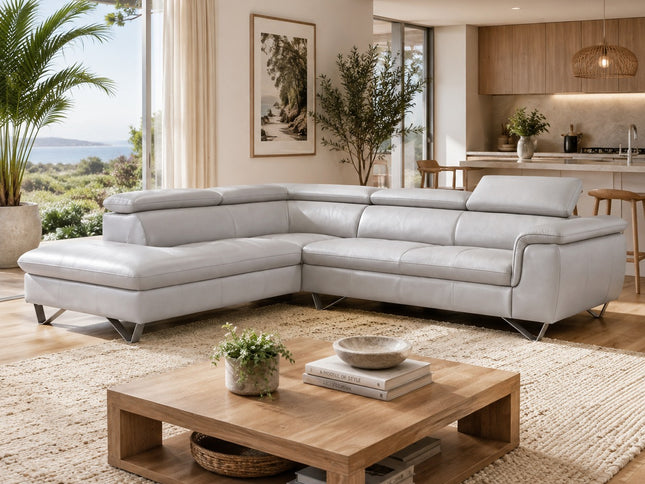 Mawson Left Chaise Leather Lounge - Pewter