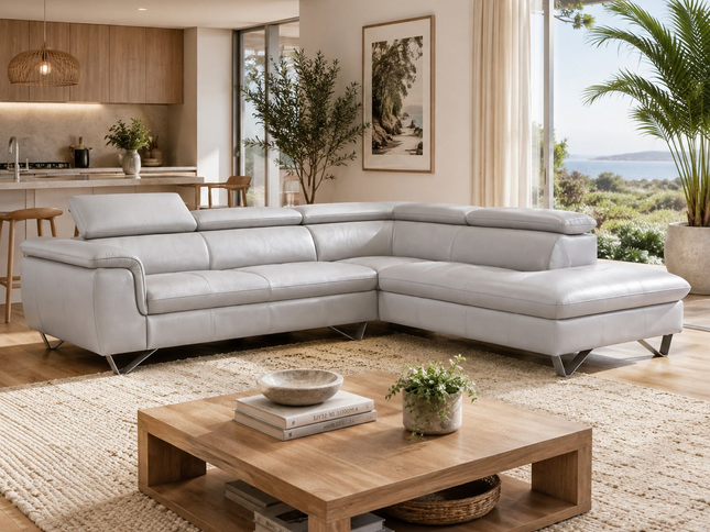 Mawson Right Chaise Leather Lounge - Pewter