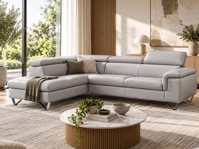 Mawson Left Chaise Leather Lounge - Pewter