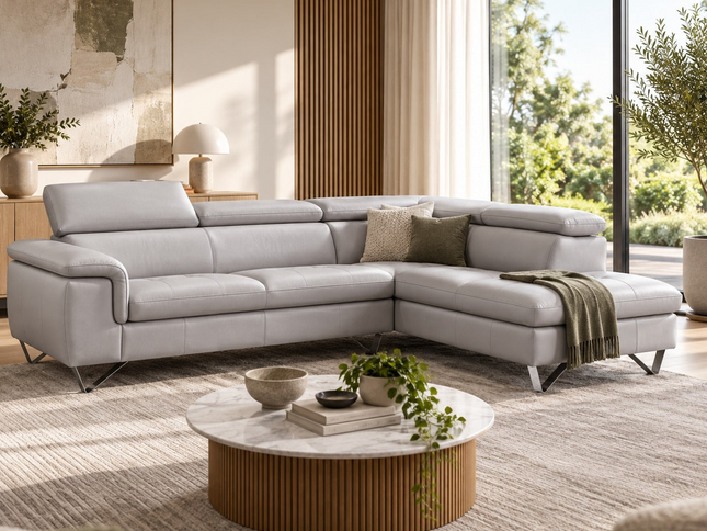 Mawson Right Chaise Leather Lounge - Pewter